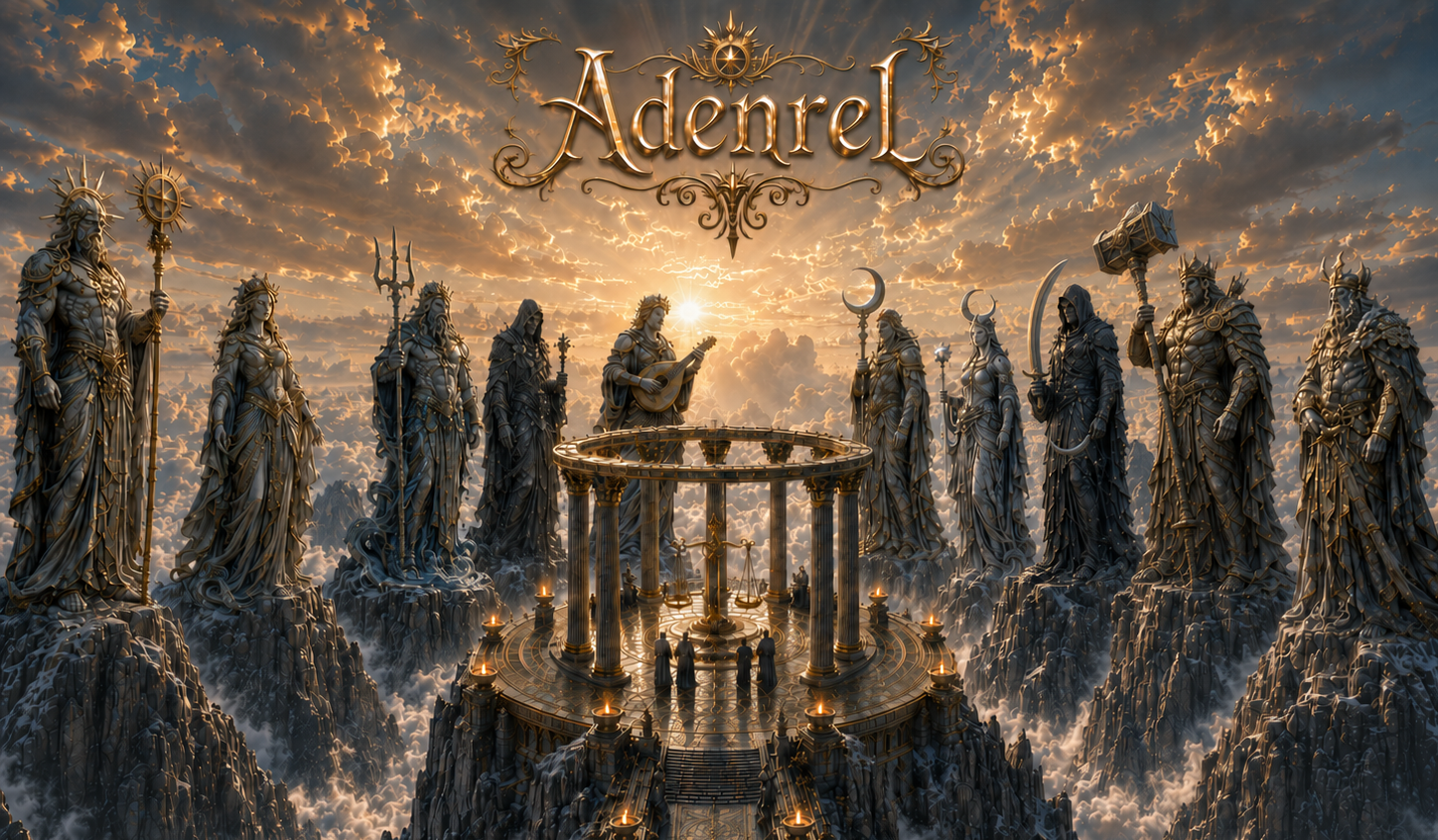 Adenrel, a golden fantasy realm with monumental statues above the clouds